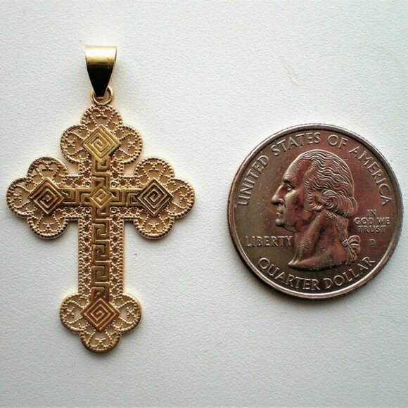 Vintage LARGE Designer 14K Yellow Gold Russian Orthodox Filigree Cross Pendant P - Picture 2 of 3